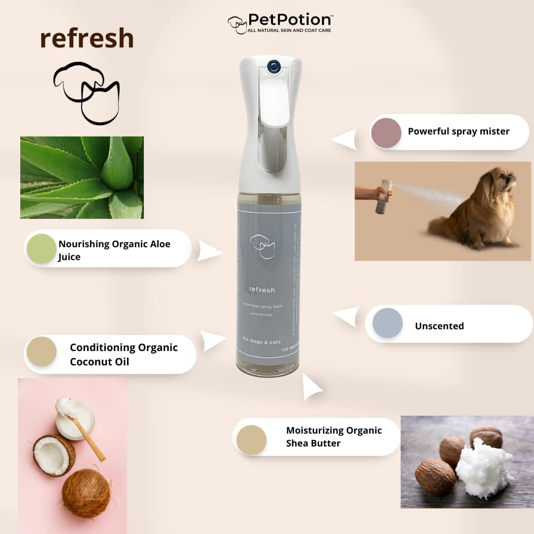 Instant Clean Pet Shampoo Spray – No Rinse Needed | Organic & Eco-Friendly | Refillable, Unscented Mist for Dogs & Cats (5.5 oz)